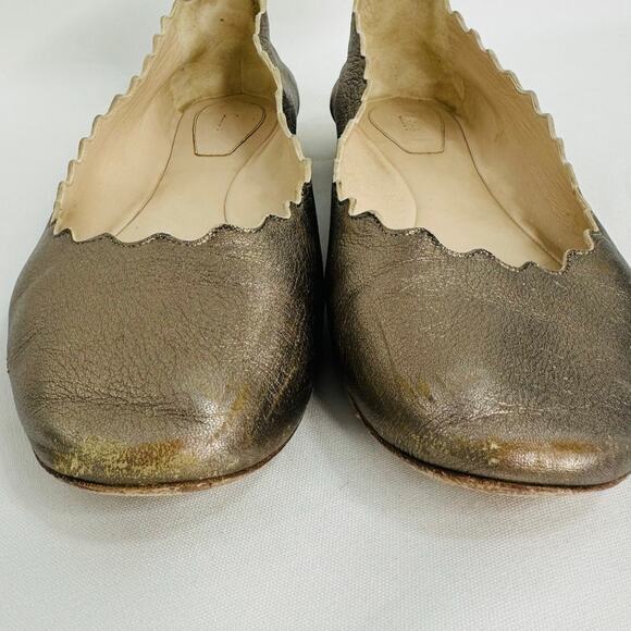 Chloé Lauren Scalloped Metallic Leather Ballerina Flats Gold Size 38 / 8 - Picture 6 of 9